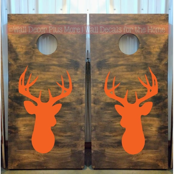 Deer Head Silhouette Outdoor Decal Stickers for Bean Bag Boards UV Resistant Cornhole Board Game Vinyl Decals or Stencil for Painting, Set/2, Orange