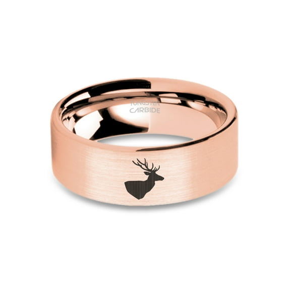 Deer Head Stag Engraved Rose Gold Brushed Tungsten Carbide Ring, 8mm, Size 9.5