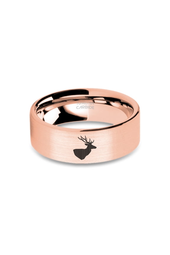 Deer Head Stag Engraved Rose Gold Brushed Tungsten Carbide Ring, 8mm, Size 9
