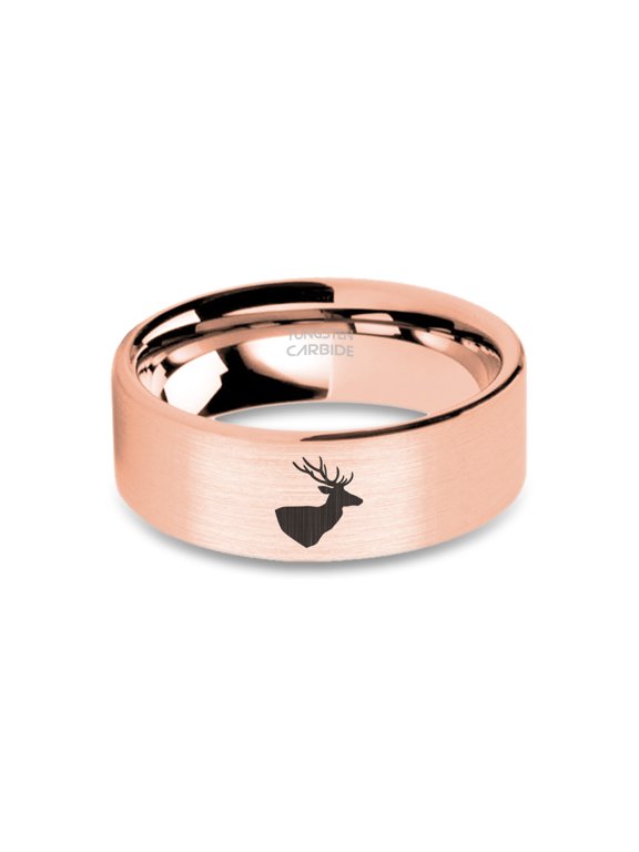 Deer Head Stag Engraved Rose Gold Brushed Tungsten Carbide Ring, 8mm, Size 9