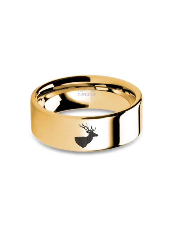 Deer Head Stag Trophy Engraved Polished Yellow Gold Tungsten Ring, 8mm, Size 5