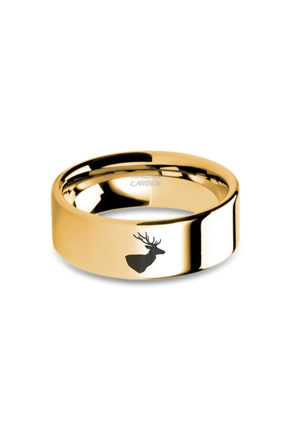 Deer Head Stag Trophy Engraved Polished Yellow Gold Tungsten Ring, 8mm, Size 7
