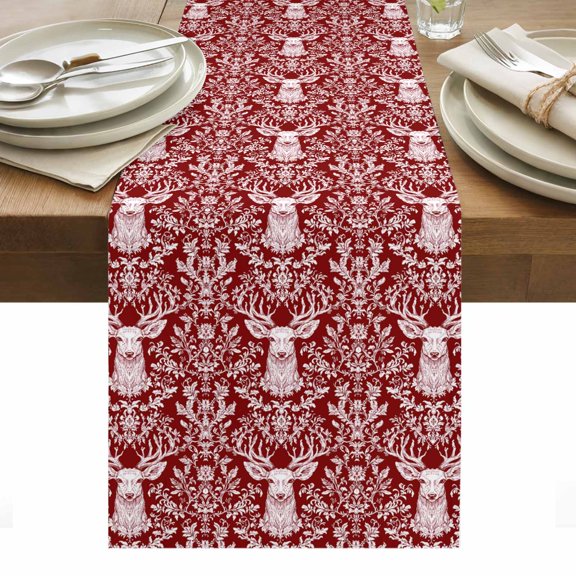Deer Head Table Runner 14 x 72 Inch, Leaf Animal Red Washable Cotton Linen Dining Table Runner Tabletop Decorations for Restaurant Home Kitchen Party