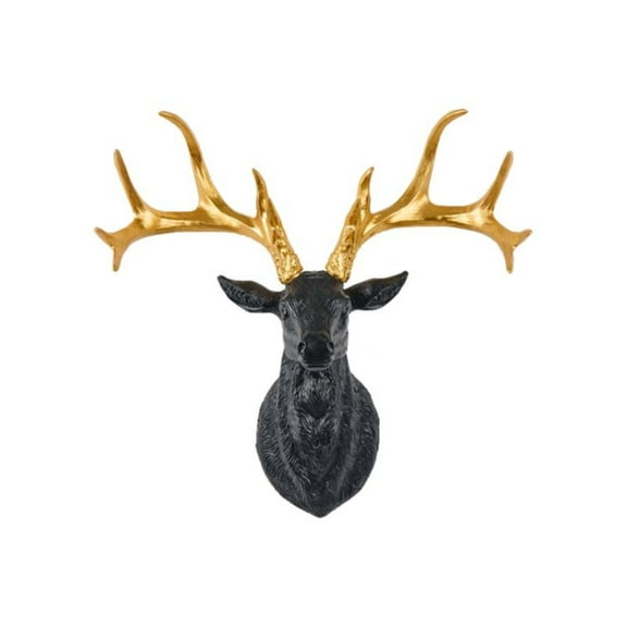 Deer Head Wall Hanging Black + Gold Antlers - 3D Stag Head Sculpture Wall Hanging Deer Statue Animal Head Artwork Decoration for Home Gallery Studio - Deer Head Hanging Ornament*1