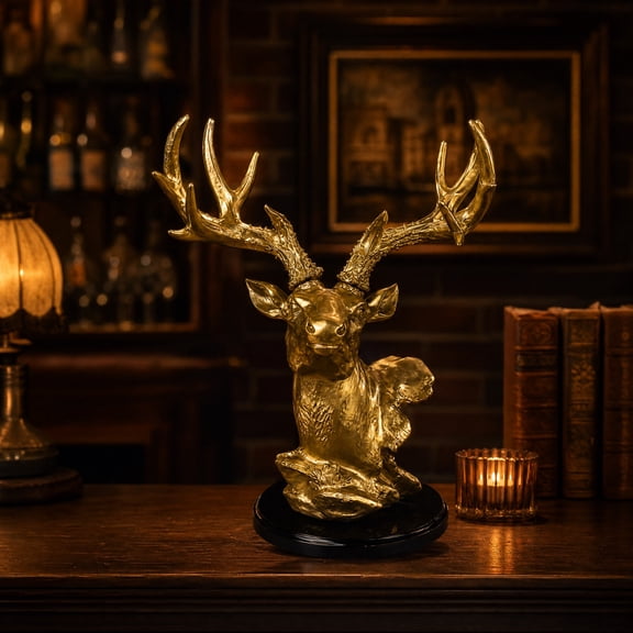 Deer Head Wall Mount Animal Head Wall Decor 14 Inch Rustic Farmhouse Decor Decorations for Living Room Fireplace Mantel Decor Man Cave Decor for Men Golden Tabletop Ornament, 1