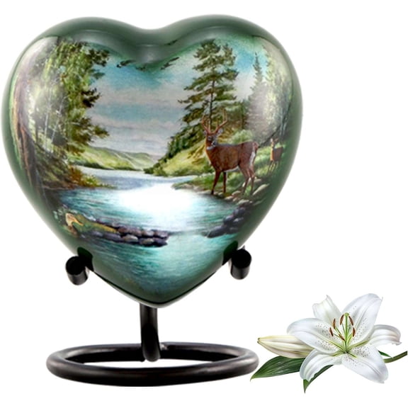 Deer Heart Keepsake Urn for Ashes  Handcrafted Mini Hunting Memorial Urn, Forest Buck Heart Token Urn with Display Stand, Premium Box & Velvet Bag (3 Cu In)
