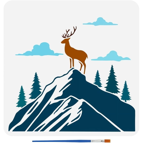 Deer on Hilltops Painting Stencil 11.8x11.8inch Animal Deer Template with Paint Brush Plastic PET Trees Clouds Mountains Stencil for Painting Animal Theme Template for DIY Home Decor