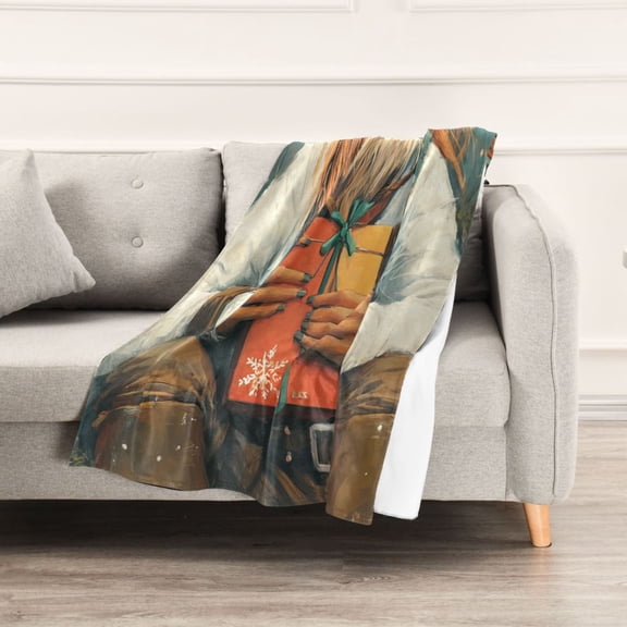 Deer Holding Christmas Gift Throw Blanket 60" x 90" Soft and Warm Blankets for Couch Sofa and Bed