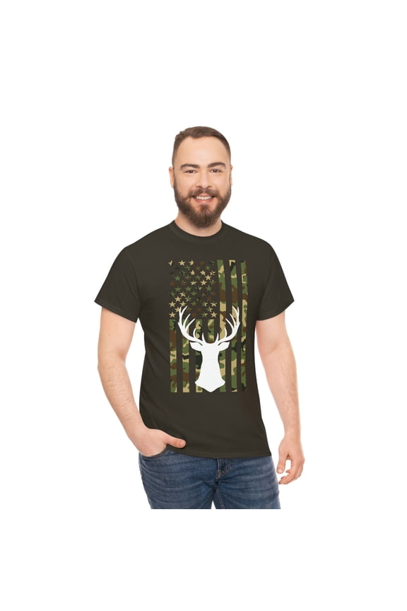 Deer Hunter Camo Flag Unisex Heavy Cotton Tee