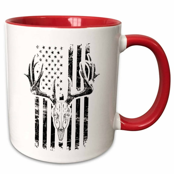 3drose, Deer Hunter Us Flag with Deer Skull Design, 11oz Two-tone Red Mug