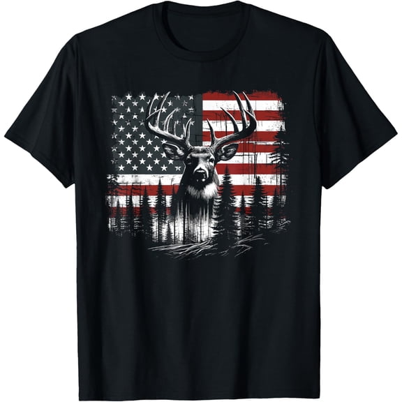 Deer Hunting American Flag Whitetail Buck Antlers Mens T-Shirt