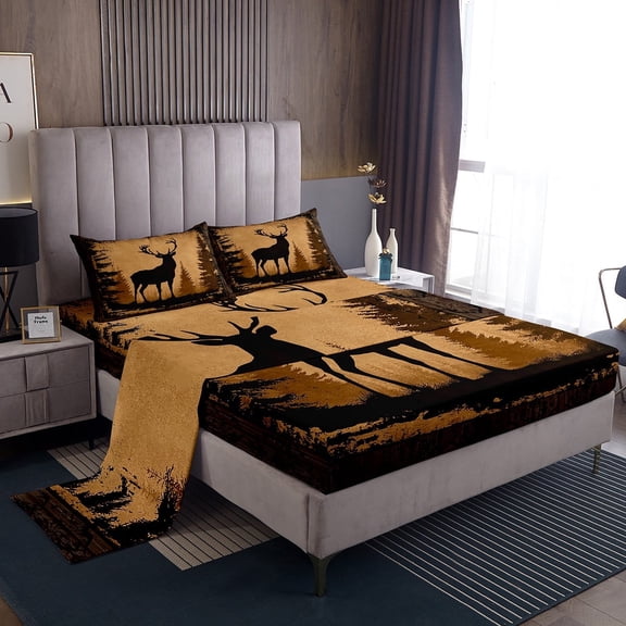 Deer Hunting Bed Sheets Twin Wildlife Hunting Theme Sheets Western Woodland Animal Sheet Set Rustic Farmstyle Fitted Sheet Antler Print Flat Sheet 3 Pcs