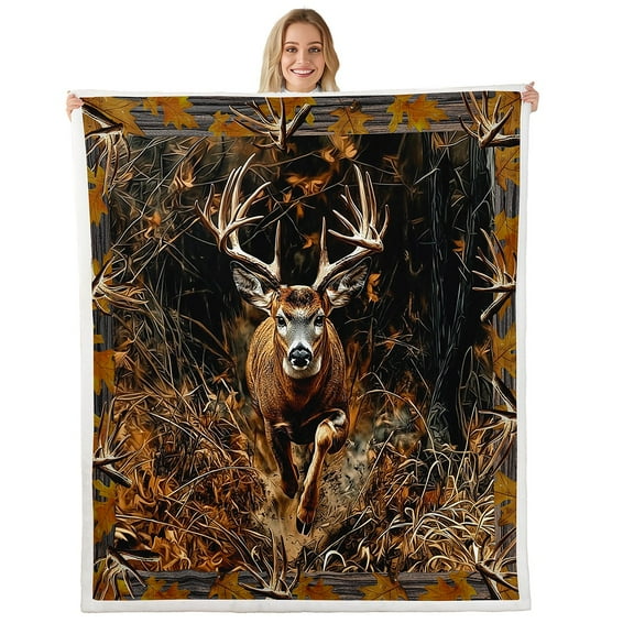 Deer Hunting Camo Fuzzy Blanket,Hunter Fleece Blanket Rustic Trees Leaves Country Throw Blanket For Room Decor,Deer Blanket Teens Twin Size Blanket