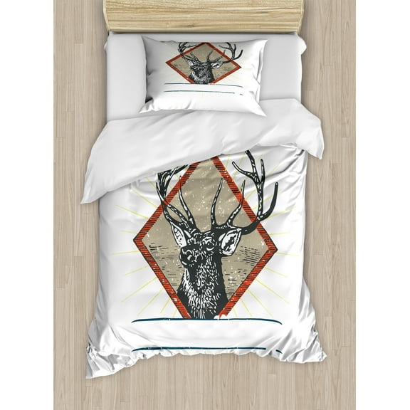 Deer Hunting Duvet Cover Set, Hipster Wild Animal Antler Print on Plain Background, Decorative 2 Piece Bedding Set with 1 Pillow Shams, Twin Size, Burnt Sienna Pale Sepia, by Ambesonne