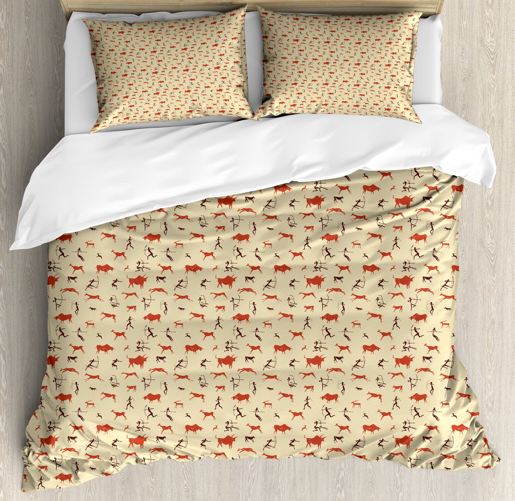 Deer Hunting Duvet Cover Set, Prehistoric Bull Chasing Aboriginal