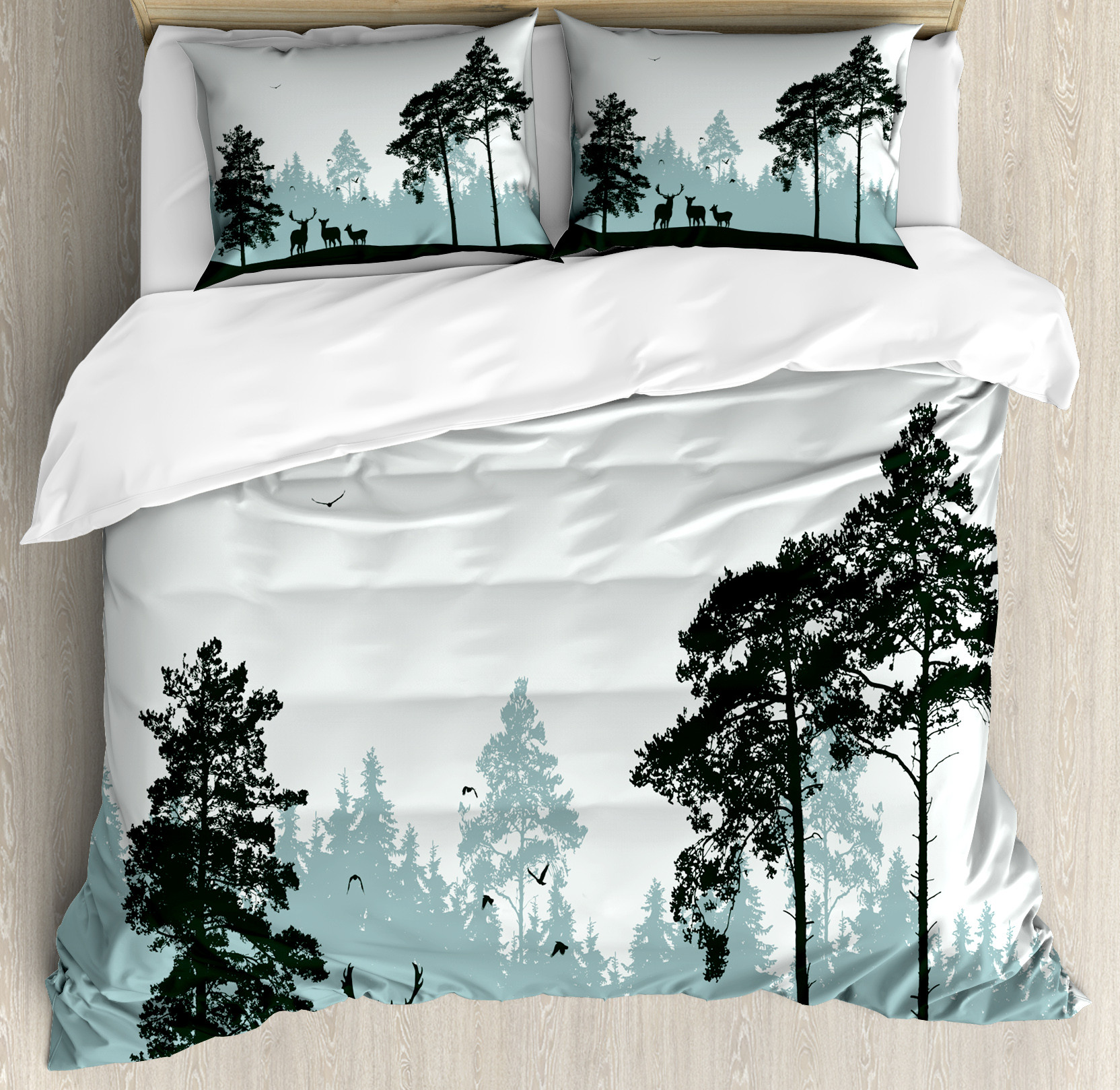 Deer Hunting Duvet Cover Set, Reindeer Forest Flying Birds Silhouette
