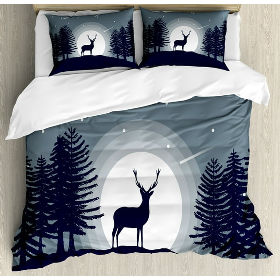 Deer Hunting Duvet Cover Set, Reindeer Silhouette at Night in Forest Illustration, Decorative 3 Piece Bedding Set with 2 Pillow Shams, Queen Size, Violet Blue Purpleblue, by Ambesonne