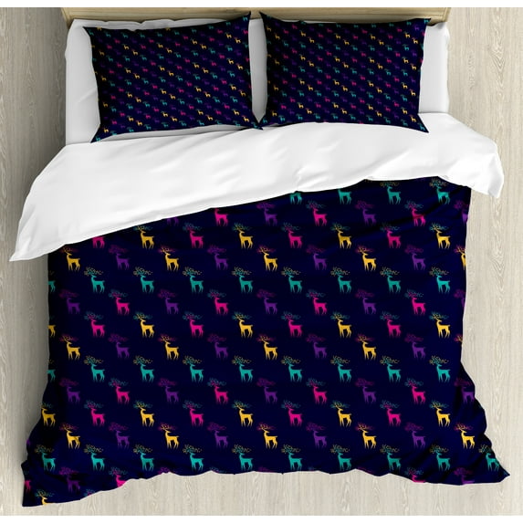 Deer Hunting Duvet Cover Sets, Rhythmic Abstract Antler Interpretation Woodland Creatures in Rainbow Colors, Bedding Set 2 Duvet Covers & 4 Pillowcases, 2 Pack Cal King Size, Multicolor, by Ambesonne