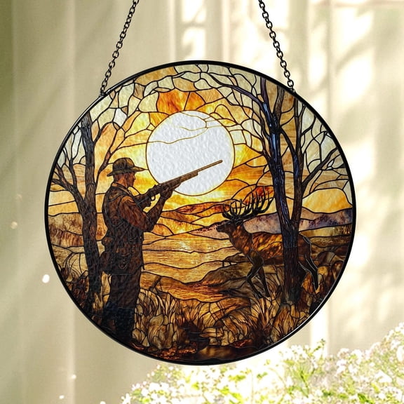 Deer Hunting Glass Suncatcher, Wildlife Hunter Window Art, Rustic Cabin, 7.9 in