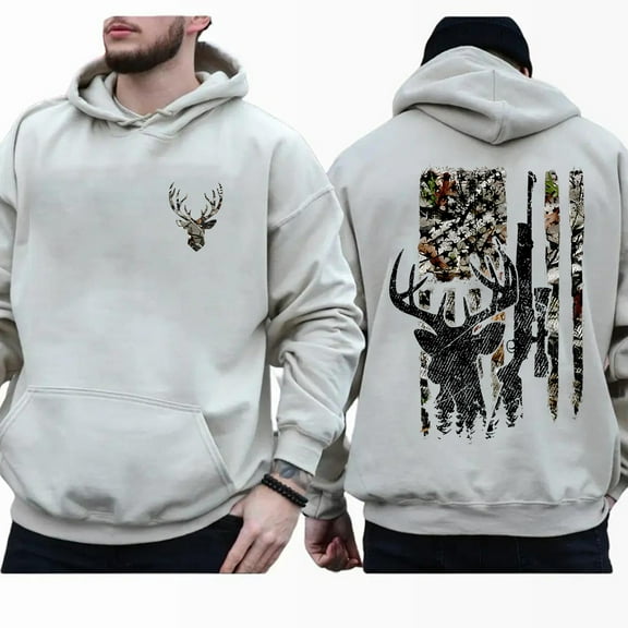 Deer Hunting Hoodie – Double Sided American Flag Camo Pullover with Buck Head Silhouette, Fall Southern Hoodie for Country Hunters and Outdoor Life