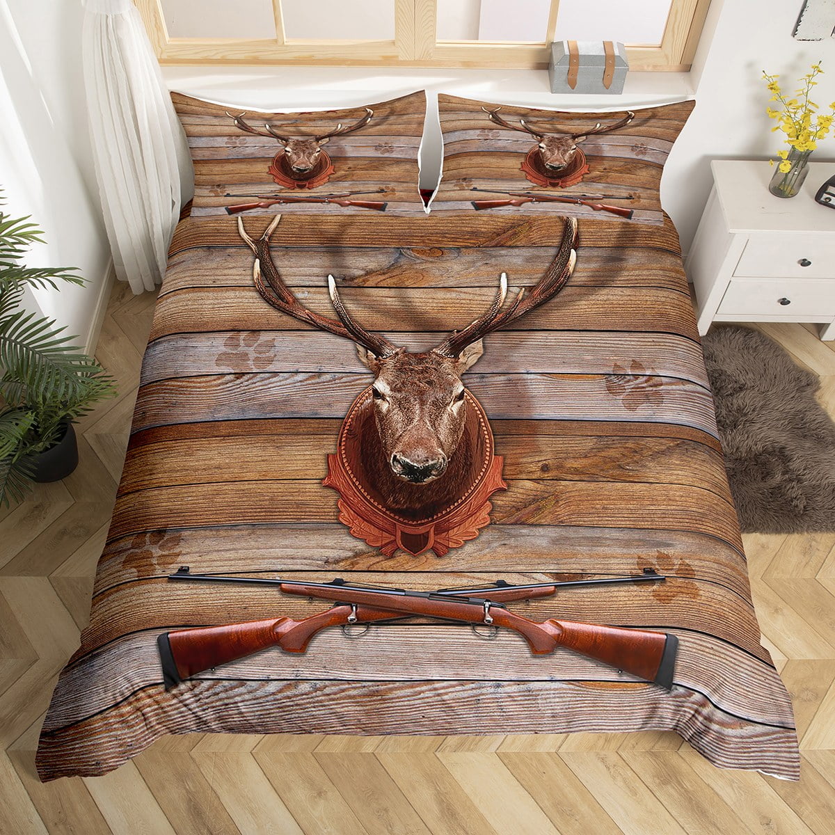 Deer Hunting King Bedding Sets for Boys,Shotgun Comforter Cover Western
