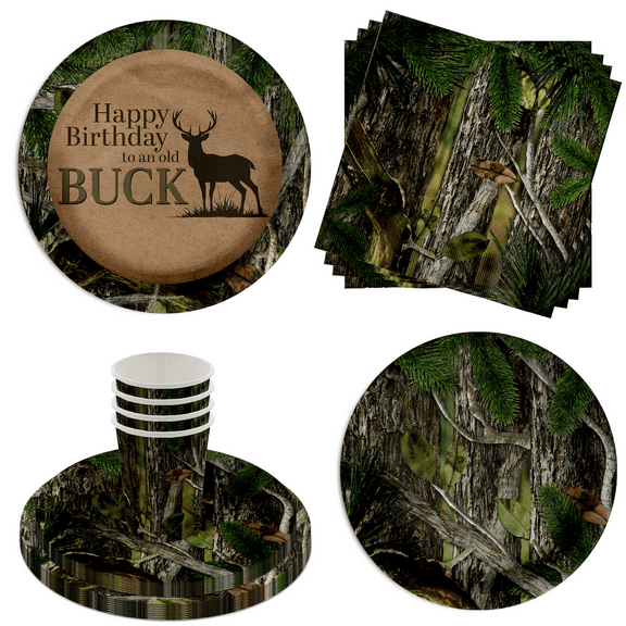 Deer Hunting Old Buck Birthday Party Supplies - 64 Piece Hunter Birthday Tableware Set Includes Large 9" Dinner Plates and 8" Dessert Paper Plates Napkins Cups - Kit for 16