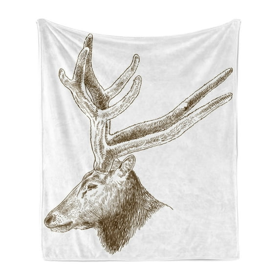Deer Hunting Soft Flannel Fleece Blanket, Vintage Wild Animal Hand Drawn Sketch Rustic Engraving Illustration, Cozy Plush for Indoor and Outdoor Use, 70" x 90", Fawn Sepia and White, by Ambesonne