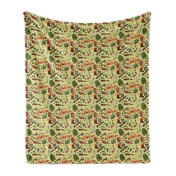 Deer Hunting Soft Flannel Fleece Throw Blanket, Camping Outdoor Archery Illustration, Cozy Plush for Indoor and Outdoor Use, 60" x 80", Pale Green Multicolor, by Ambesonne