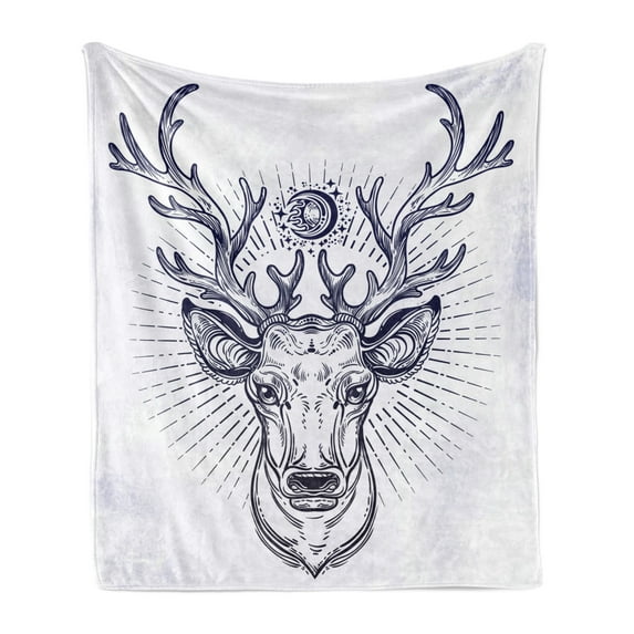 Deer Hunting Soft Flannel Fleece Throw Blanket, Hipster Reindeer Head Sketch Antlers Illustration, Cozy Plush for Indoor and Outdoor Use, 60" x 80", Purple Blue Grey, by Ambesonne