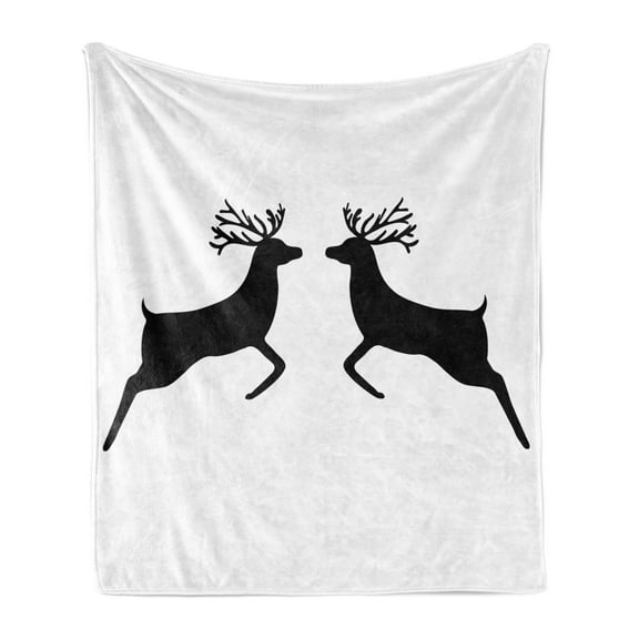 Deer Hunting Soft Flannel Fleece Throw Blanket, Monochromatic 2 Reindeer Silhouette Illustration Plain Background, Cozy Plush for Indoor and Outdoor Use, 60" x 80", Charcoal Grey White, by Ambesonne