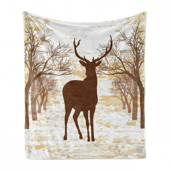Deer Hunting Soft Flannel Fleece Throw Blanket, Vintage Reindeer in Forest Rustic Silhouette Pattern, Cozy Plush for Indoor and Outdoor Use, 60" x 80", Beige Chocolate, by Ambesonne