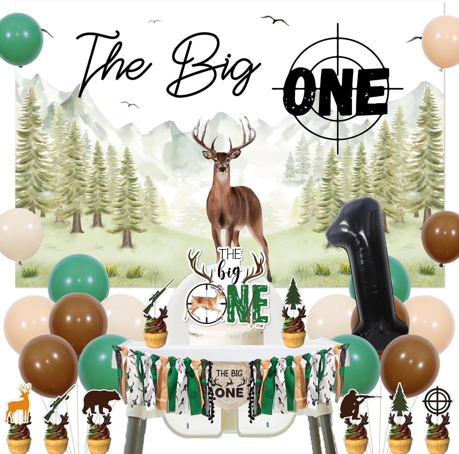Deer Hunting Theme 1st Birthday Party Decorations The Big One Backdrop Hunting Theme 1st Birthday High Chair Banner Camo Deer Hunting Cake Topper Latex Balloons for Boys 1st Birthday Party Supplies