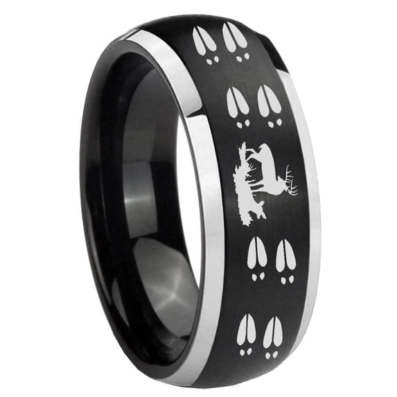 Deer Hunting Tracks 8MM Dome Brush Black Silver Edges Tungsten Men Ring