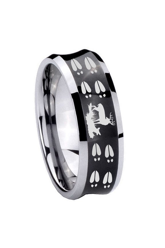 Deer Hunting Tracks Concave Black Tungsten Men Ring 10MM