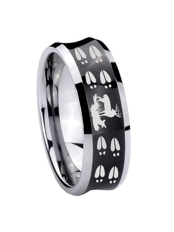 Deer Hunting Tracks Concave Black Tungsten Men Ring 10MM
