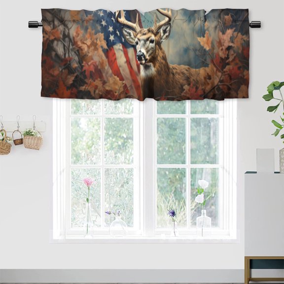 Deer Hunting Valance Curtain for Kitchen American Flag Hunting Forest Window Valance for Living Room Bedroom, Kitchen Valance Rod Pocket Window Curtain 54 by 18 in, 1 Panel