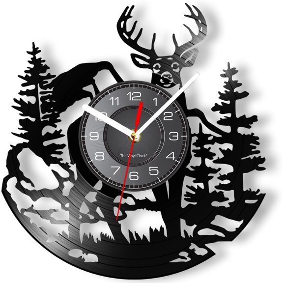 Deer Hunting Vinyl Record Wall Clock Album Re-purposed Nature Wildlife Animal Scenery Elk Shadow Records Clock Art for Bedroom Man Cave Wall Silent Vinyl LP 12"