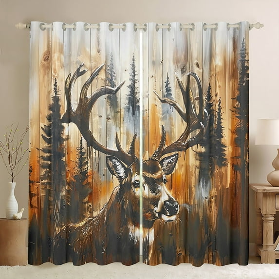 Deer Hunting Wooden Rustic Curtains For Bedroom,Hunting Theme Curtains & Drapes Hunting Cabin Lodge Farmhouse Decor 30%-50% Blackout Curtains,Wild Animal Leaves Branches Window Curtains (52Wx63L)
