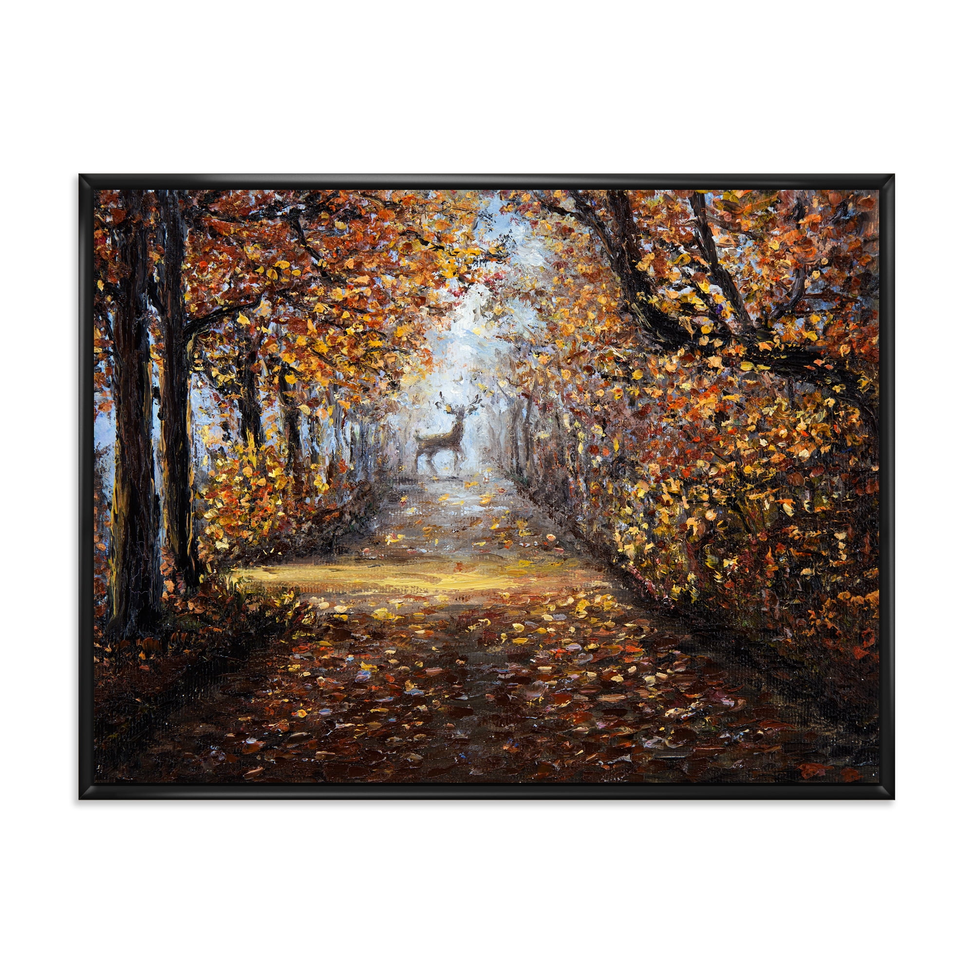 Deer In The Autumn Park 32 in x 16 in Framed Painting Canvas Art Print, by Designart