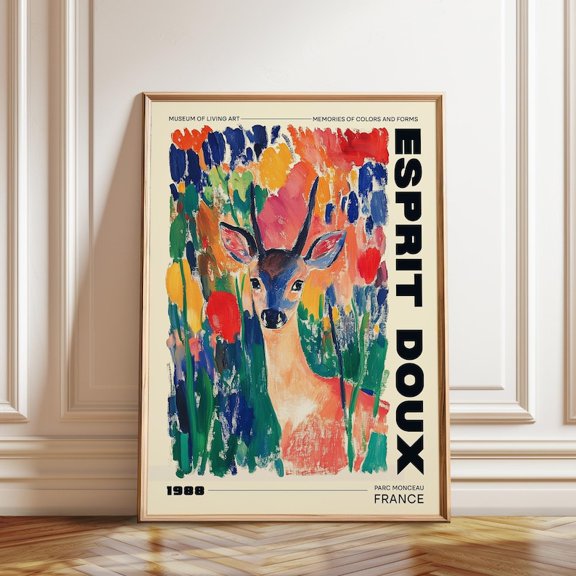 Deer In Wildflowers Colorful Animal Wall Art Print, Unframed Paper Poster 24x36in