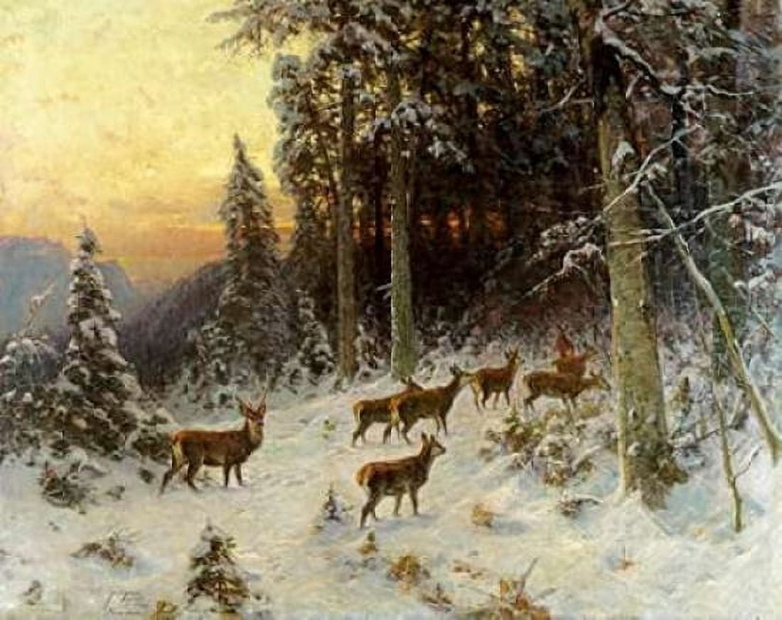 Deer In Winter Wooded Landscape Canvas Art - Arthur Julius Thiele (24 x 30)