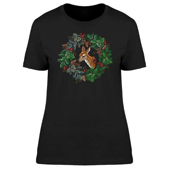 Deer In Xmas Wreath T-Shirt Women -Image by Shutterstock, Female Small