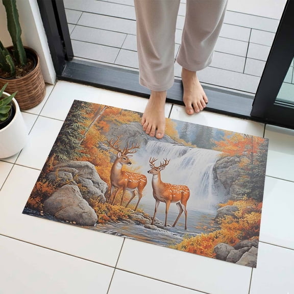 Deer Indoor Door Mat 16x24 Inch Forest Wildlife Rustic Front Door Mat Non Slip Washable Entryway Rug Low Profile Dirt Trapper Doormat for Bathroom Kitchen Bedroom