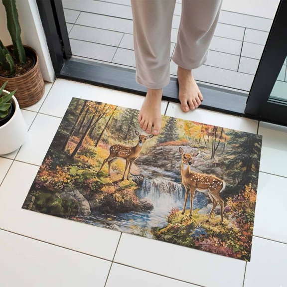 Deer Indoor Door Mat 18x30 Inch Forest River Landscape Front Door Mat Non Slip Washable Entryway Rug Low Profile Dirt Trapper Doormat for Bathroom Kitchen Bedroom
