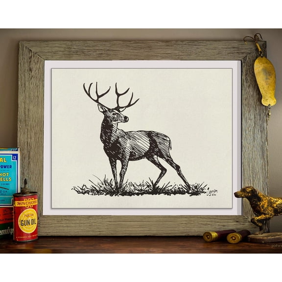 Deer Ink and Line Drawing Illustration Minimalist Elk Hunting Art Print, Unframed Paper Poster 8x10in