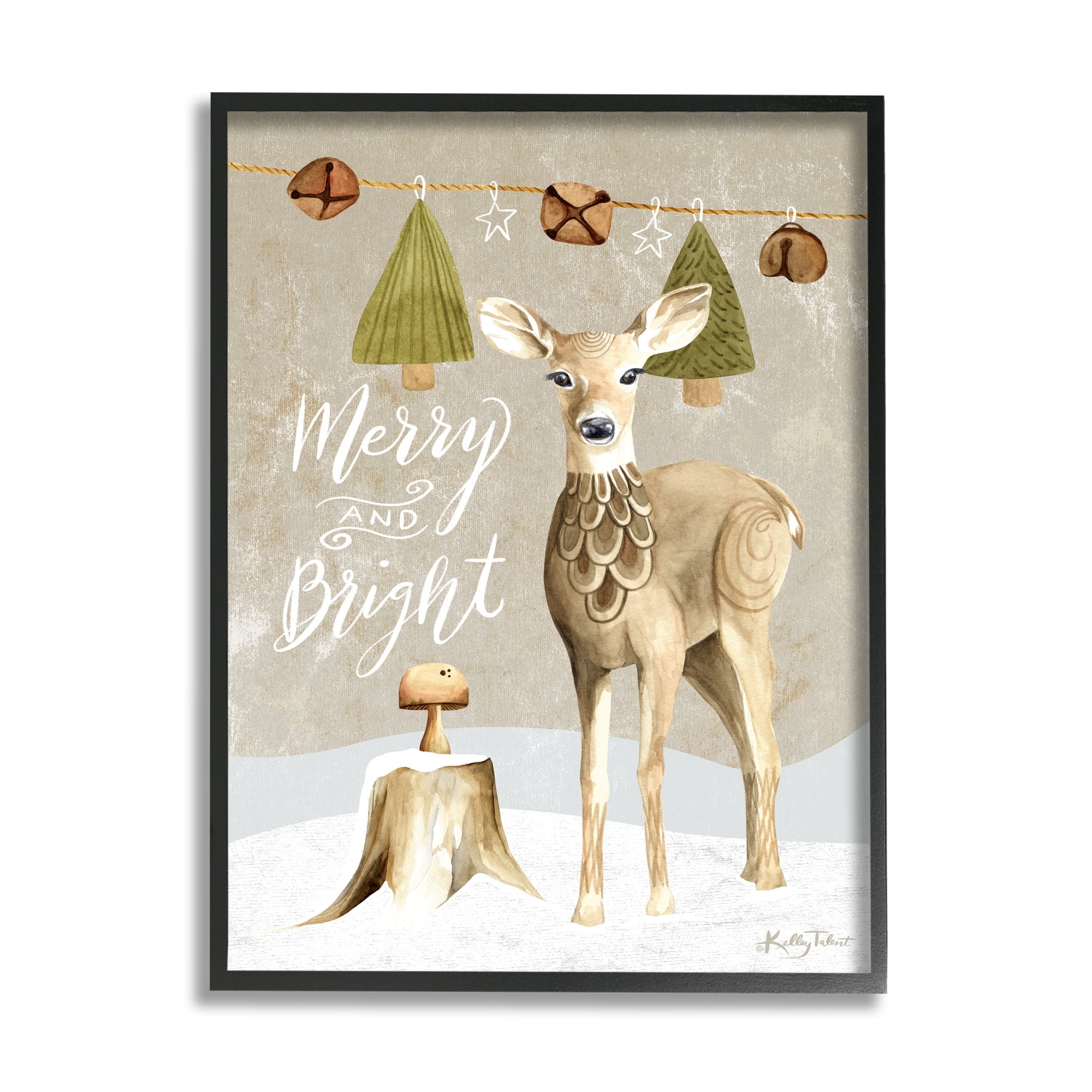 Deer & Jingling Bells Snowy Winter Scene Calligraphy Animals & Insects Graphic Art Framed Art Print Wall Art