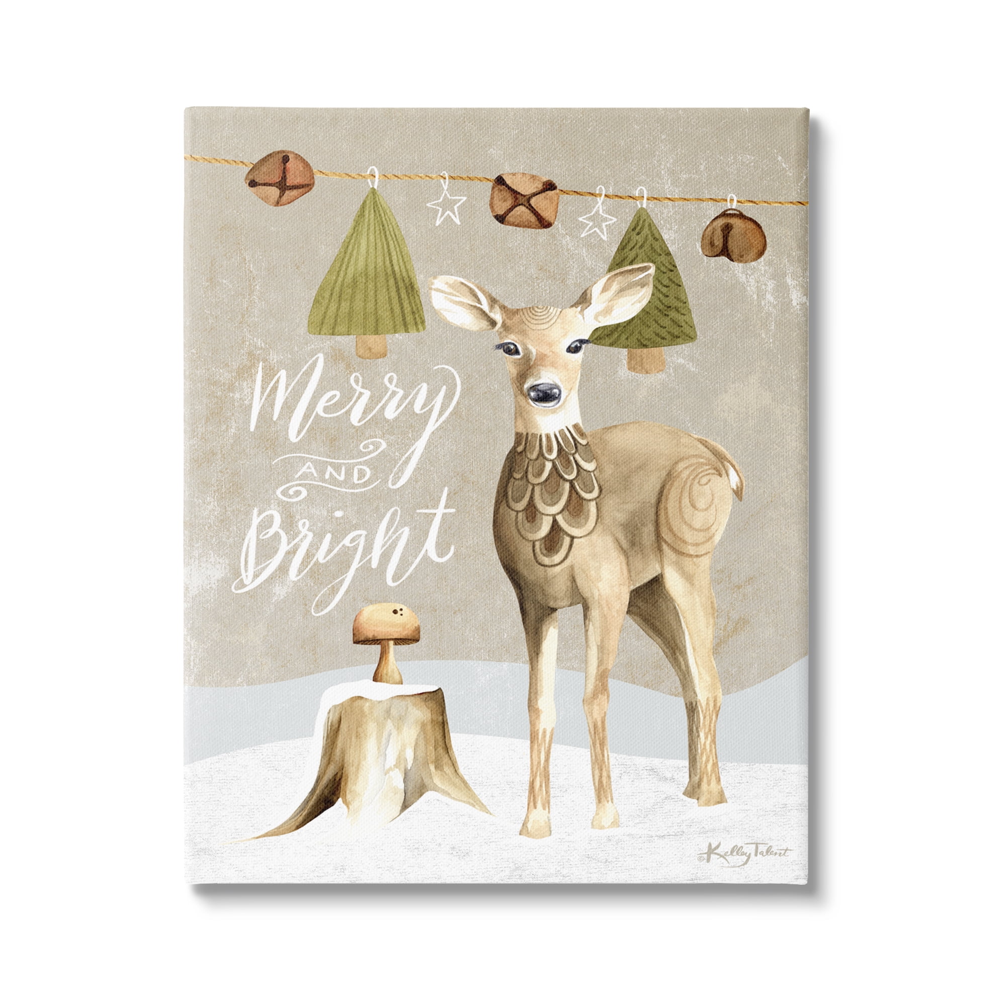 Deer & Jingling Bells Snowy Winter Scene Calligraphy Animals & Insects Graphic Art Gallery-Wrapped Canvas Print Wall Art