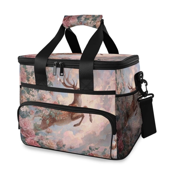 Deer Jumping Through Roses Portable Cooler Lunch Box Reusable Insulated Lunch Bag Leakproof 15L
