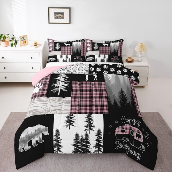 Deer Comforter Set Queen Size,Bear Hunting Woodland Rustic Cabin Bedding Set Adult,Camping Adventure Geometric Plaid Patchwork Down Comforter,Xmas Pine Tree Quilt Pink Black