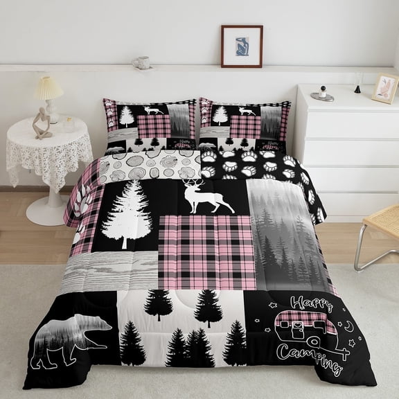 Deer Comforter Set Queen Size,Bear Hunting Woodland Rustic Cabin Bedding Set Adult,Camping Adventure Geometric Plaid Patchwork Down Comforter,Xmas Pine Tree Quilt Pink Black